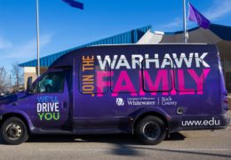 The Warhawk Shuttle to the UW-Whitewater Rock County campus pulls up to the Visitor Center on Tuesday, March 19, 2019 in the early morning. (UW-Whitewater photo/Craig Schreiner) (UW-Whitewater photo/Craig Schreiner)