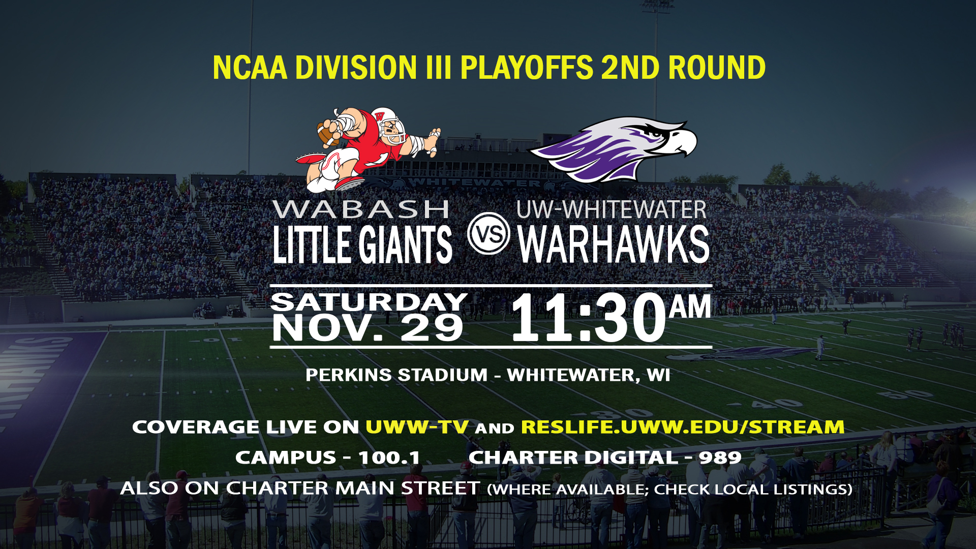 #1 UW-Whitewater to Host #14 Wabash in Second Round of D3 Football Playoffs